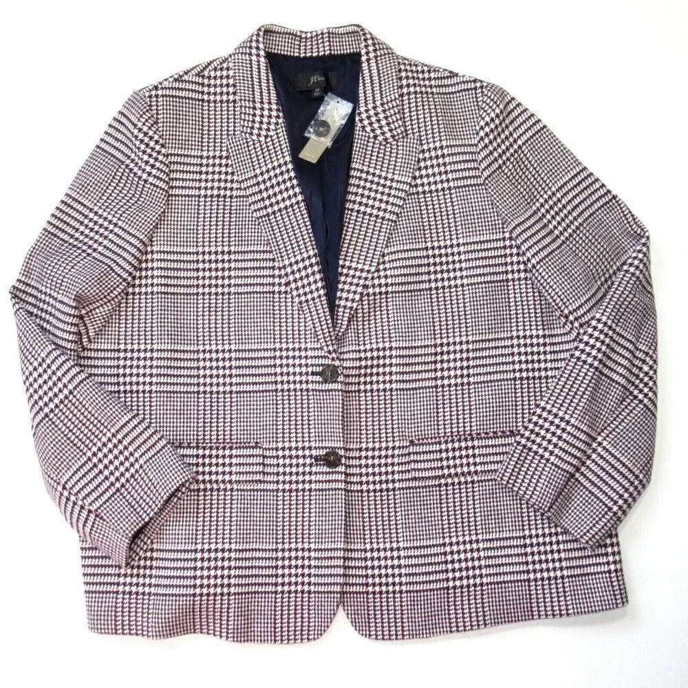 NWT J.Crew Boyfriend Blazer in Ivory Burgundy Shadow Houndstooth Wool Jacket 22
